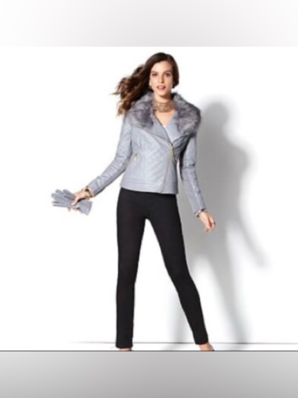 IMAN Global Chic Genuine Leather Moto Jacket Gray Faux Fur Collar S NWT
